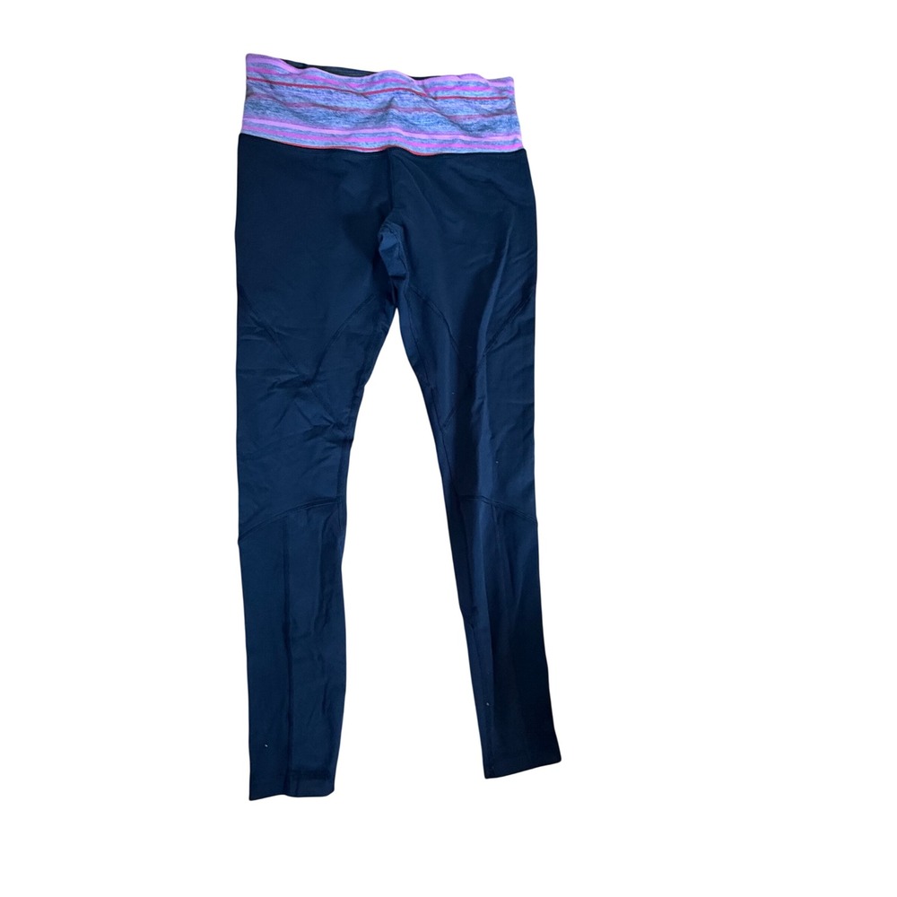 Lululemon Black Leggings Pink Purple Striped Waistband Ruffle Trim Size 10